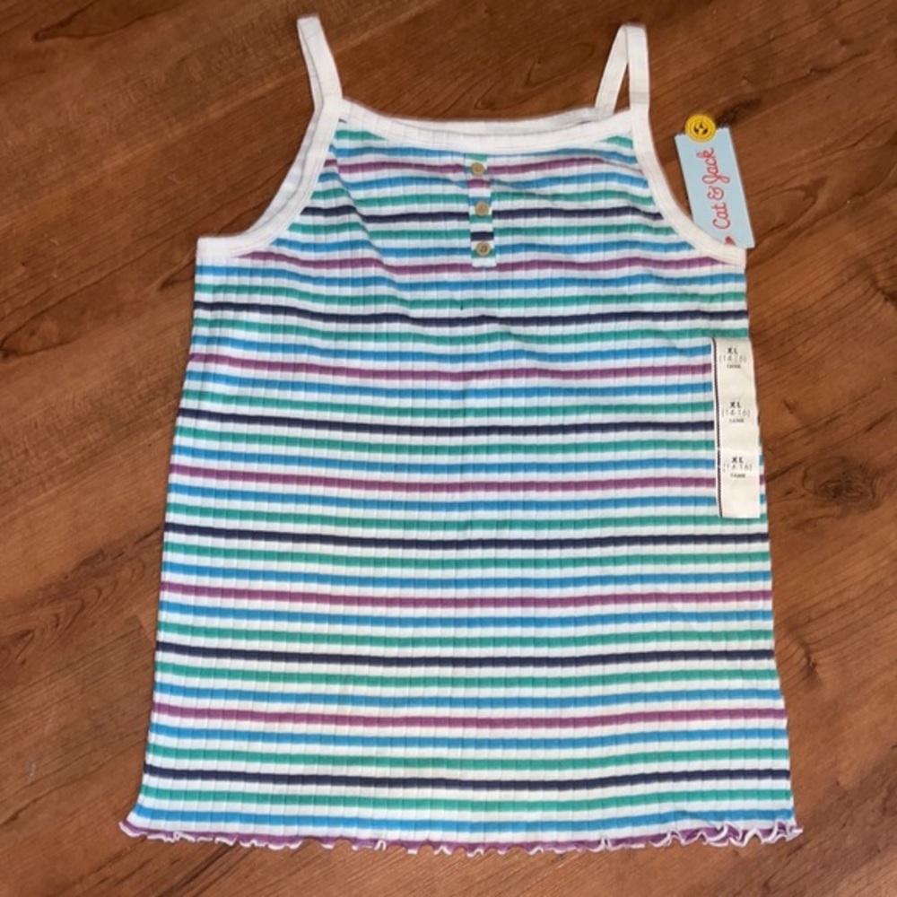 Multicolored Stripe Tank Top with Button Detail and Ruffle Bottom